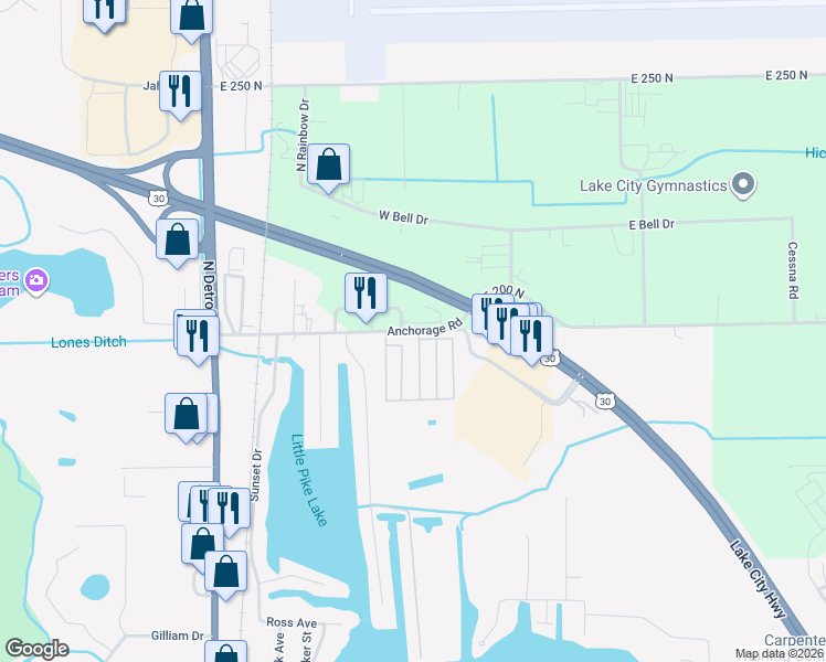 map of restaurants, bars, coffee shops, grocery stores, and more near Anchorage Point Drive in Warsaw