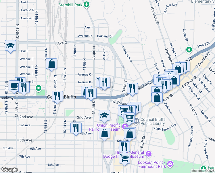 map of restaurants, bars, coffee shops, grocery stores, and more near 727 West Washington Avenue in Council Bluffs