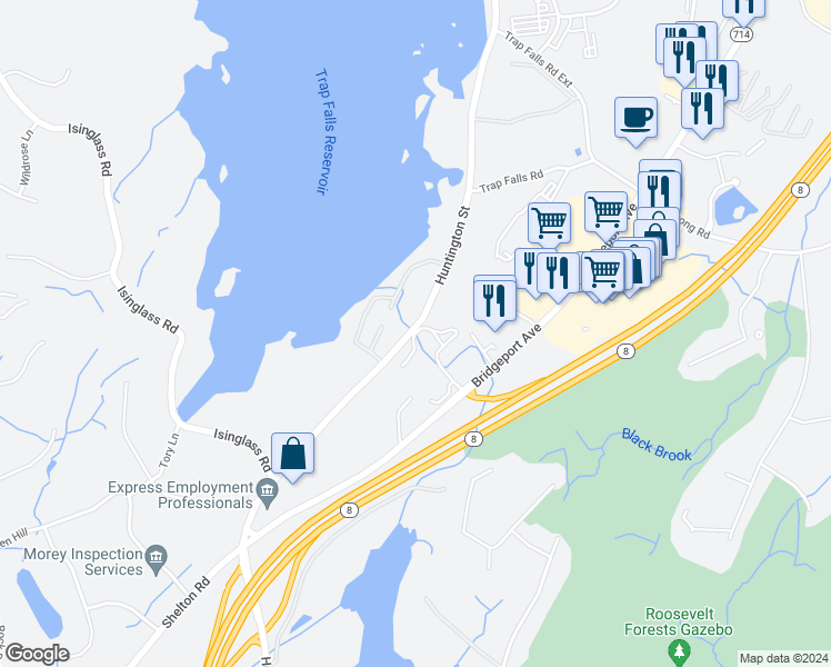 map of restaurants, bars, coffee shops, grocery stores, and more near 6484 Avalon Drive in Shelton