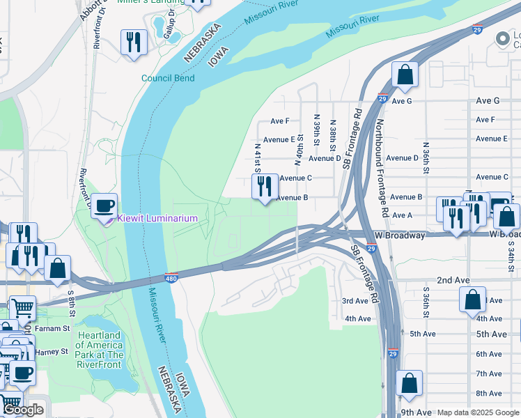 map of restaurants, bars, coffee shops, grocery stores, and more near 4104 Rivers Edge Parkway in Council Bluffs