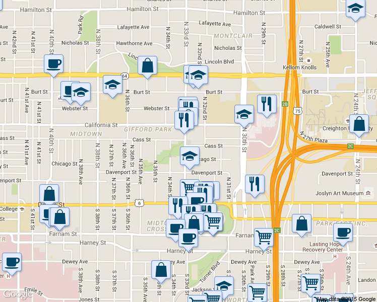 map of restaurants, bars, coffee shops, grocery stores, and more near 3224 Cass Street in Omaha