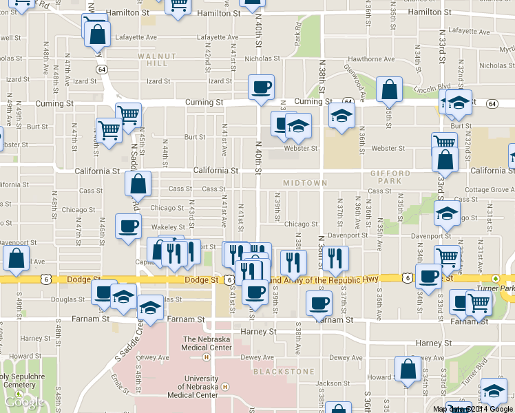 map of restaurants, bars, coffee shops, grocery stores, and more near 422 North 40th Street in Omaha