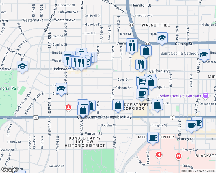 map of restaurants, bars, coffee shops, grocery stores, and more near 4808 Cass Street in Omaha