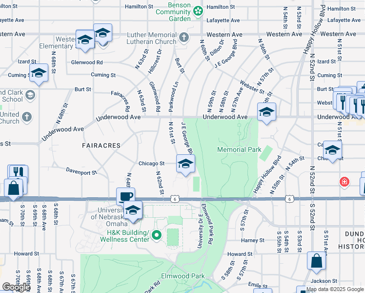 map of restaurants, bars, coffee shops, grocery stores, and more near 424 J E George Boulevard in Omaha