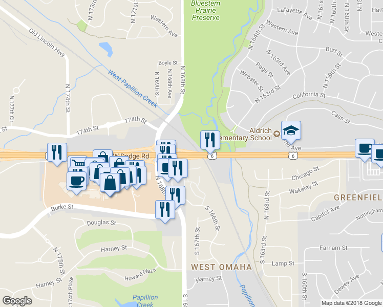 map of restaurants, bars, coffee shops, grocery stores, and more near West Dodge Road in Omaha