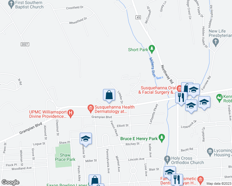 map of restaurants, bars, coffee shops, grocery stores, and more near 300 Leader Drive in Williamsport