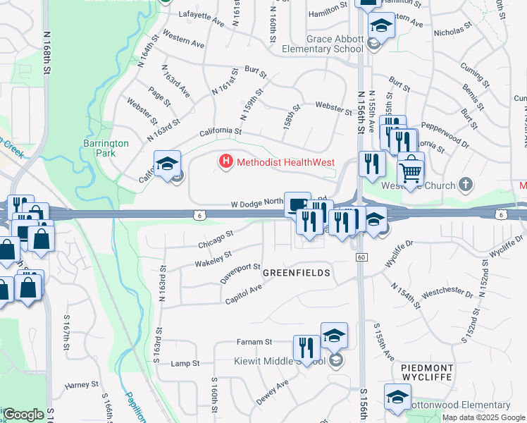 map of restaurants, bars, coffee shops, grocery stores, and more near West Dodge Road in Omaha