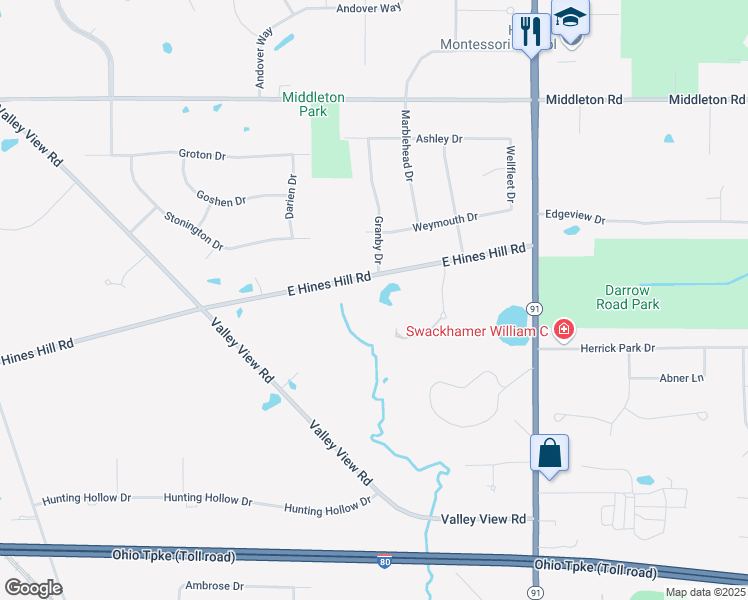 map of restaurants, bars, coffee shops, grocery stores, and more near 1842 East Hines Hill Road in Hudson