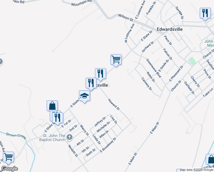 map of restaurants, bars, coffee shops, grocery stores, and more near 36 Railroad Street in Larksville