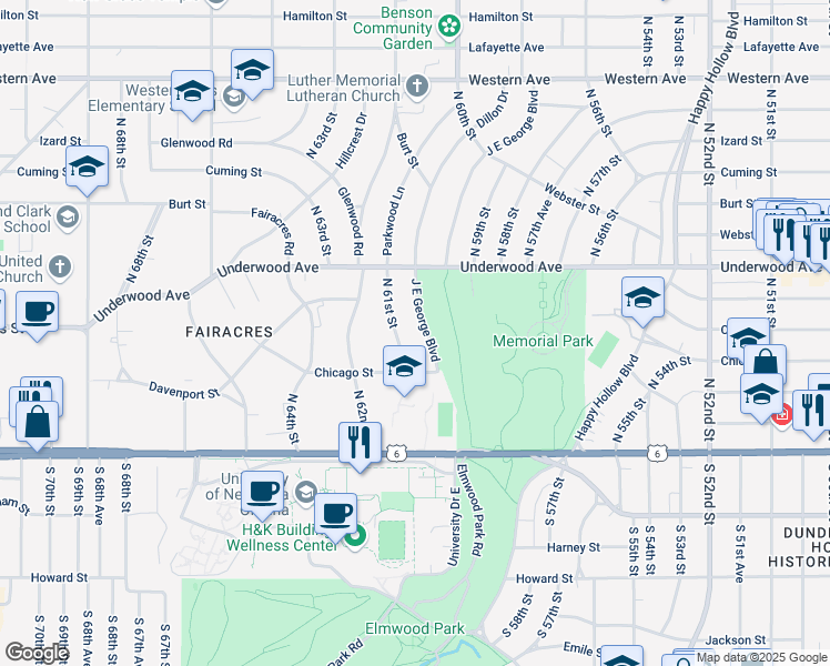 map of restaurants, bars, coffee shops, grocery stores, and more near 424 J E George Boulevard in Omaha