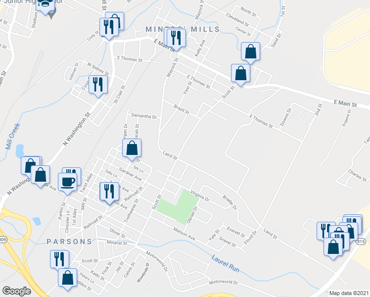 map of restaurants, bars, coffee shops, grocery stores, and more near 1263 Scott Street in Wilkes-Barre
