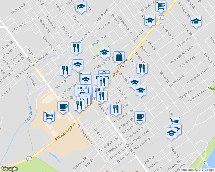 map of restaurants, bars, coffee shops, grocery stores, and more near 271 Wyoming Avenue in Kingston