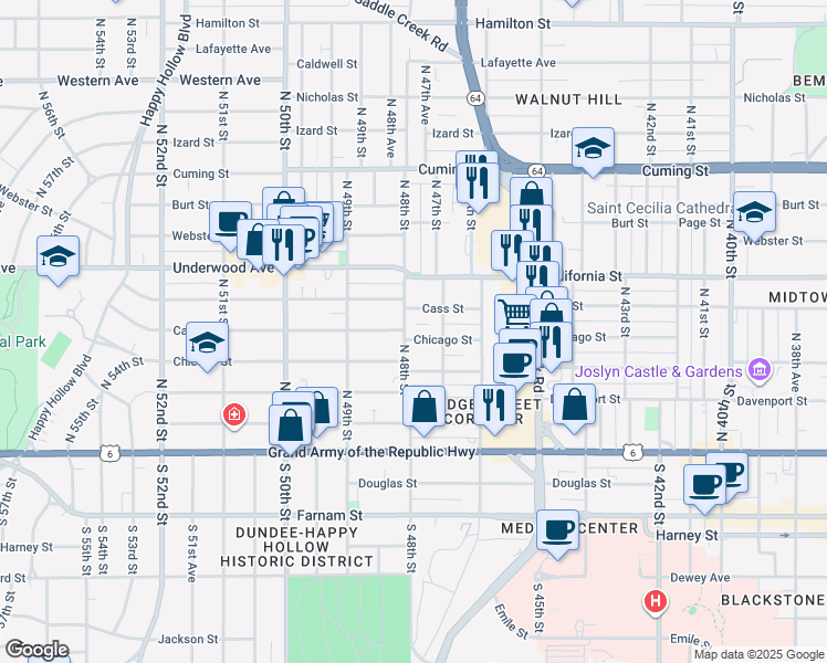 map of restaurants, bars, coffee shops, grocery stores, and more near 4728 Chicago Street in Omaha