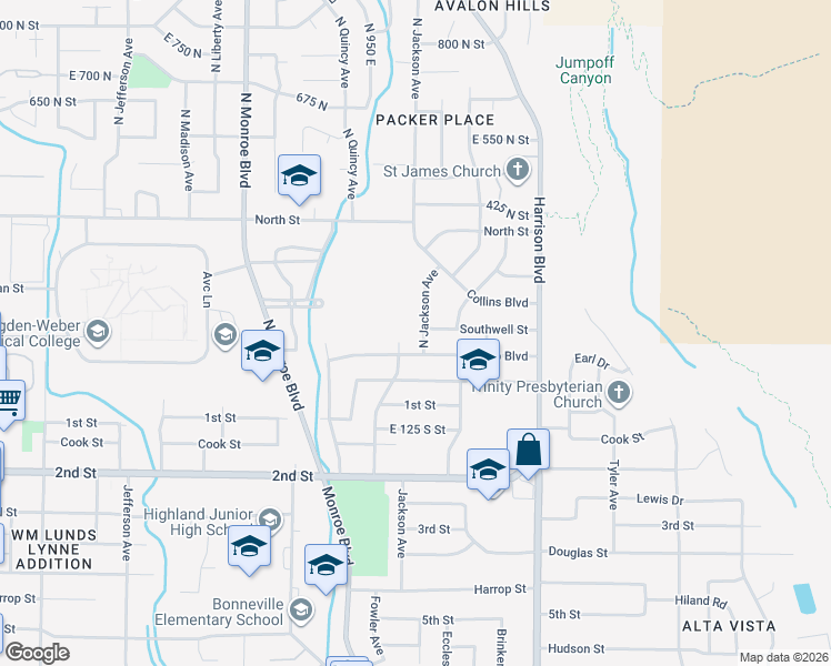map of restaurants, bars, coffee shops, grocery stores, and more near 209 North Jackson Avenue in Ogden