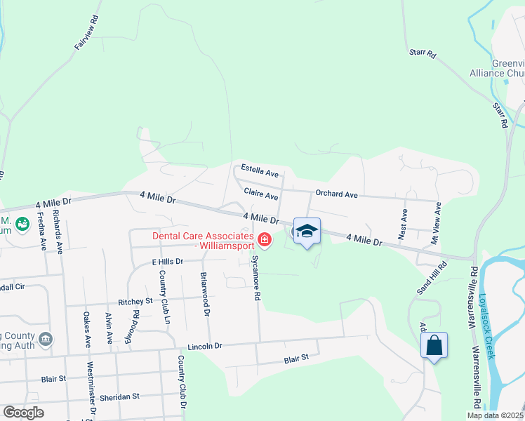map of restaurants, bars, coffee shops, grocery stores, and more near 2718 Claire Avenue in Montoursville