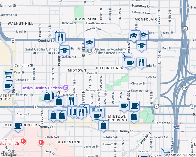 map of restaurants, bars, coffee shops, grocery stores, and more near 350 North 36th Avenue in Omaha