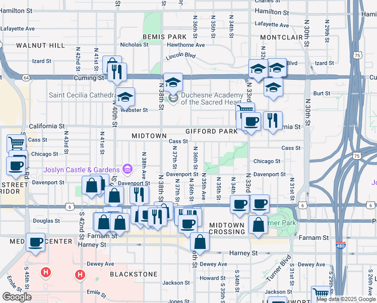 map of restaurants, bars, coffee shops, grocery stores, and more near 350 North 36th Avenue in Omaha
