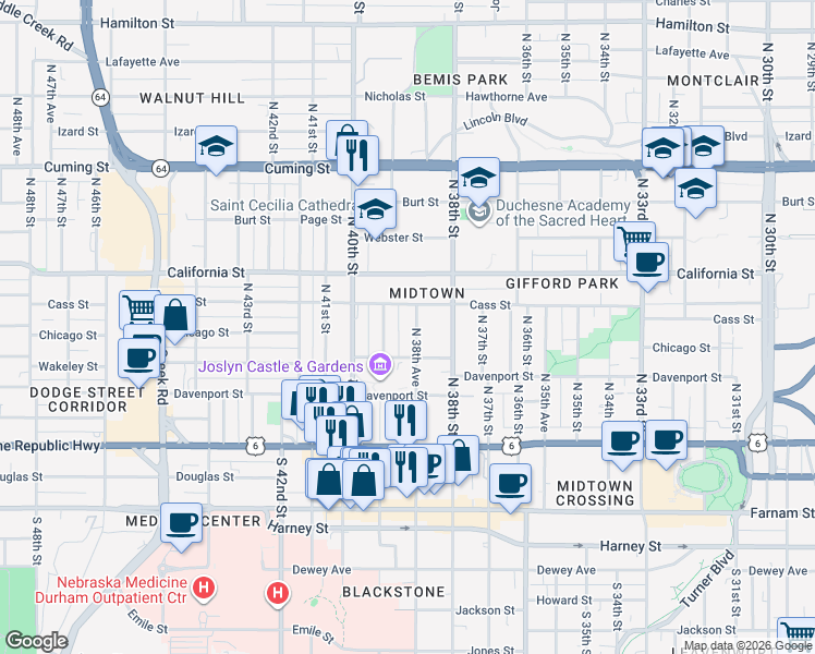 map of restaurants, bars, coffee shops, grocery stores, and more near 433 North 39th Street in Omaha