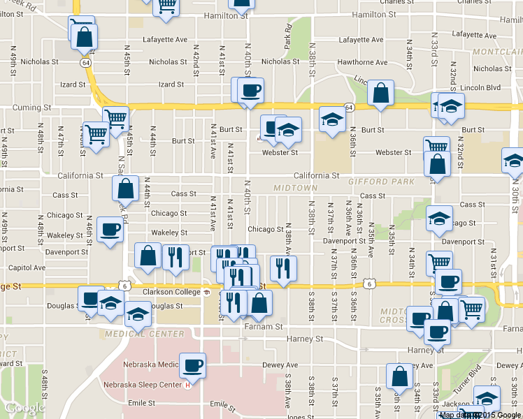 map of restaurants, bars, coffee shops, grocery stores, and more near 433 North 39th Street in Omaha