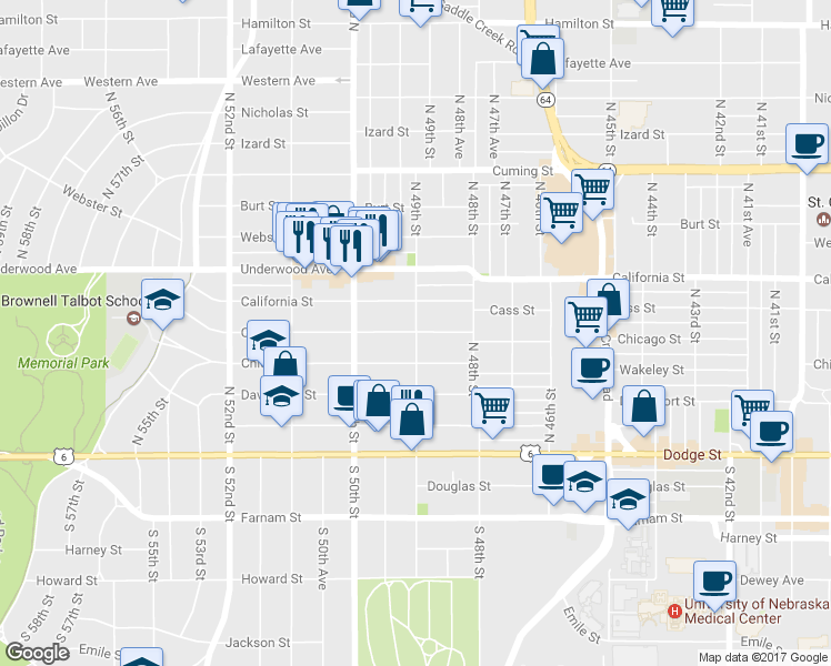 map of restaurants, bars, coffee shops, grocery stores, and more near 4902 Cass Street in Omaha