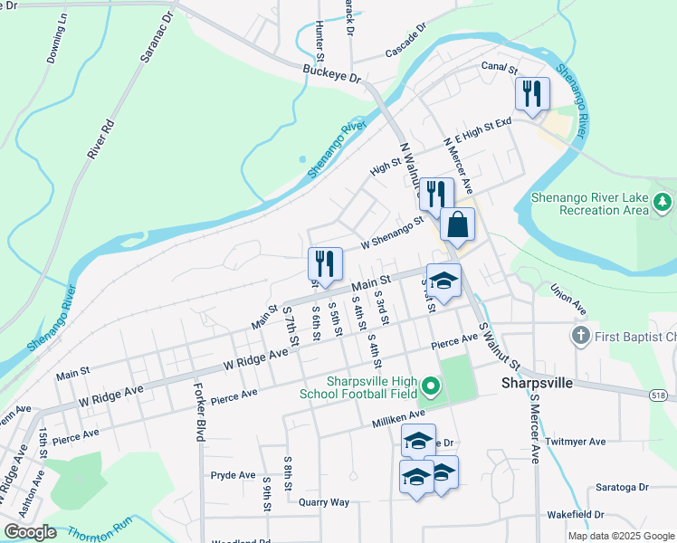 map of restaurants, bars, coffee shops, grocery stores, and more near 3-5 North 4th Street in Sharpsville