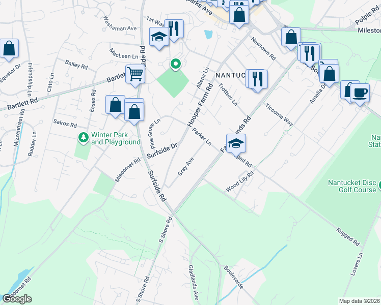 map of restaurants, bars, coffee shops, grocery stores, and more near 66 Hooper Farm Road in Nantucket