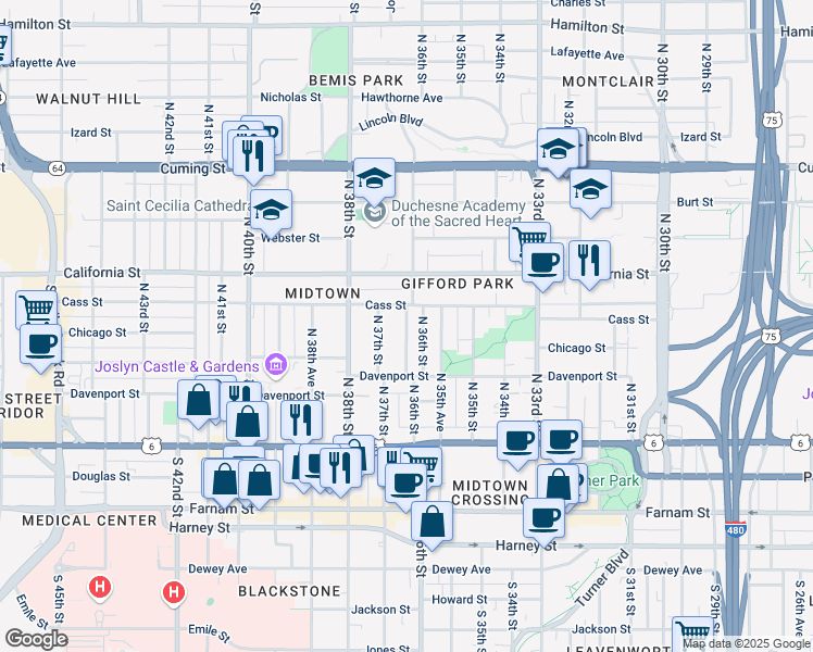 map of restaurants, bars, coffee shops, grocery stores, and more near 350 North 36th Avenue in Omaha