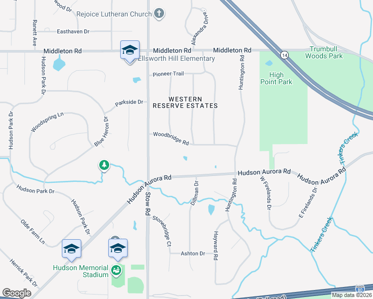 map of restaurants, bars, coffee shops, grocery stores, and more near 2838 Woodbridge Road in Hudson