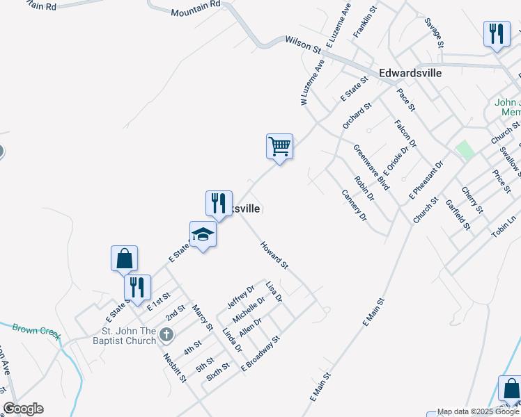 map of restaurants, bars, coffee shops, grocery stores, and more near 36 Railroad Street in Larksville