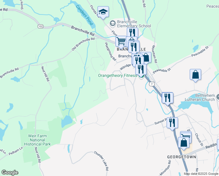 map of restaurants, bars, coffee shops, grocery stores, and more near 35 Mallory Hill Road in Ridgefield