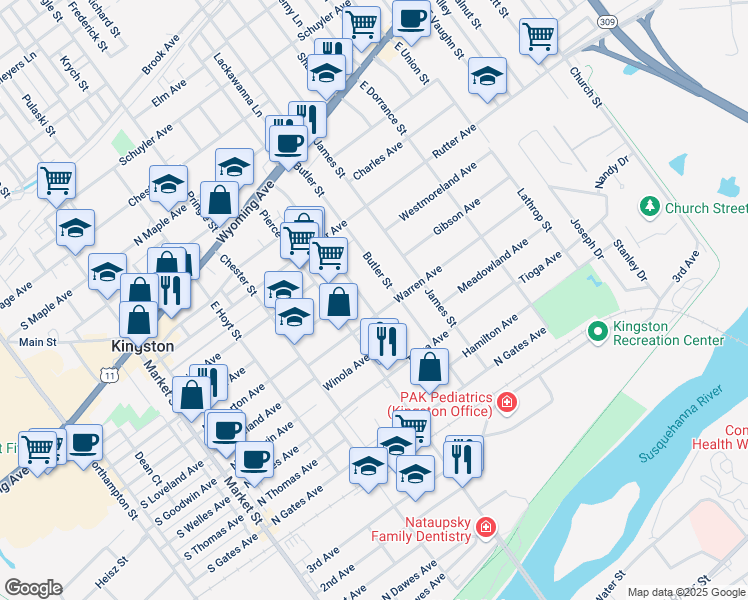 map of restaurants, bars, coffee shops, grocery stores, and more near 189 Butler Street in Kingston