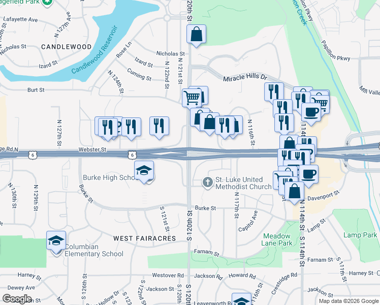 map of restaurants, bars, coffee shops, grocery stores, and more near 12500 West Dodge Road in Omaha