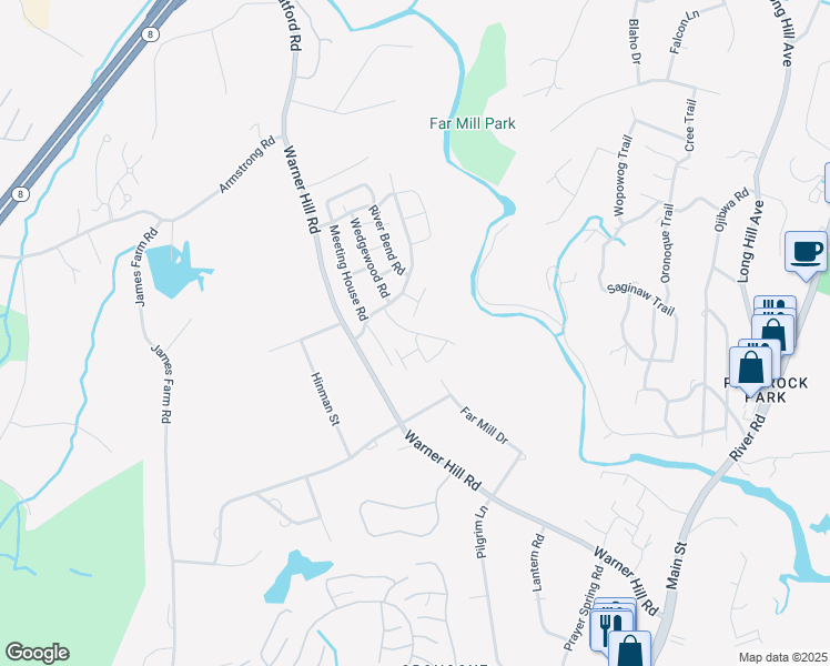 map of restaurants, bars, coffee shops, grocery stores, and more near 40 Happy Hollow Circle in Stratford