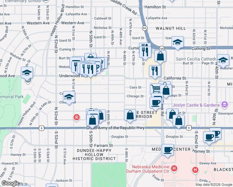 map of restaurants, bars, coffee shops, grocery stores, and more near 4808 Cass Street in Omaha