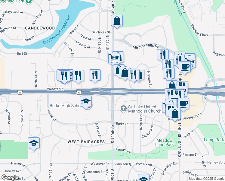 map of restaurants, bars, coffee shops, grocery stores, and more near 15600 West Dodge Road in Omaha