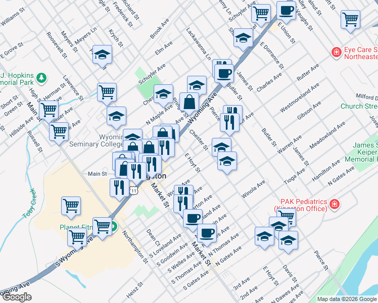 map of restaurants, bars, coffee shops, grocery stores, and more near 322 Ridge Avenue in Kingston