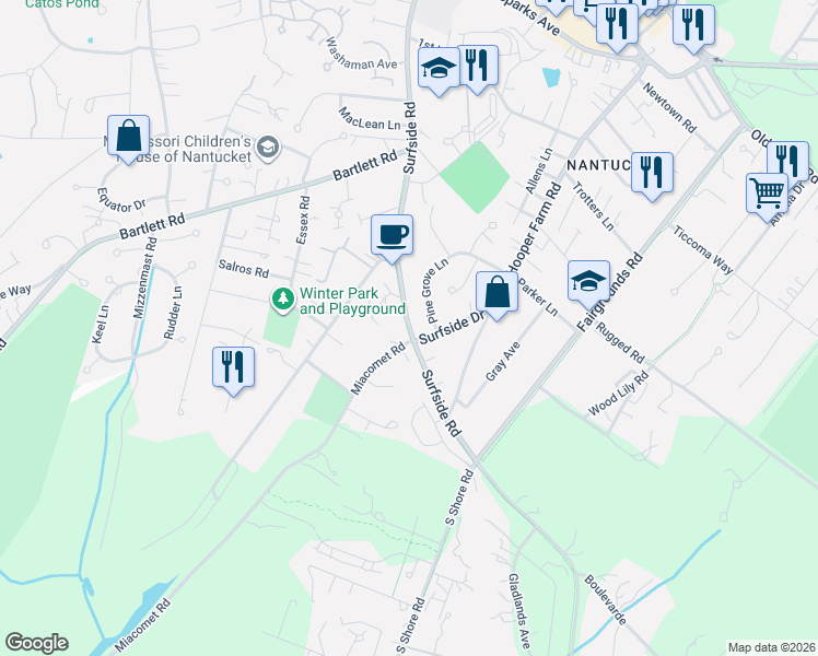 map of restaurants, bars, coffee shops, grocery stores, and more near 91 Surfside Road in Nantucket