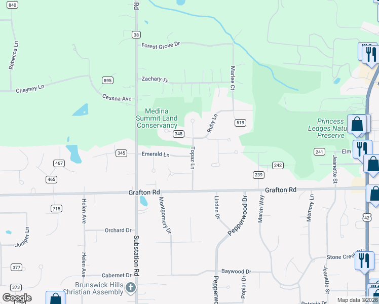 map of restaurants, bars, coffee shops, grocery stores, and more near 4739 Emerald Lane in Brunswick