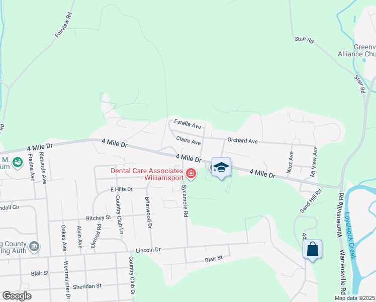 map of restaurants, bars, coffee shops, grocery stores, and more near 2718 Claire Avenue in Montoursville