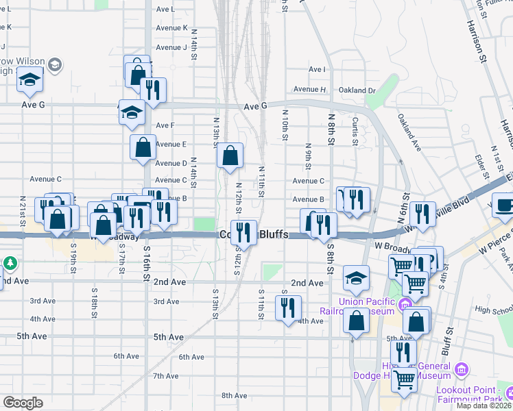 map of restaurants, bars, coffee shops, grocery stores, and more near 1103 Avenue B in Council Bluffs