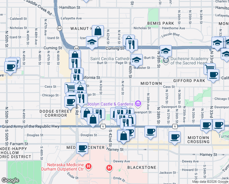 map of restaurants, bars, coffee shops, grocery stores, and more near 420 North 41st Street in Omaha