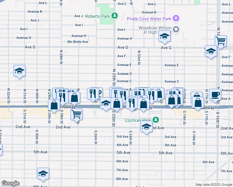 map of restaurants, bars, coffee shops, grocery stores, and more near 2447 Avenue B in Council Bluffs