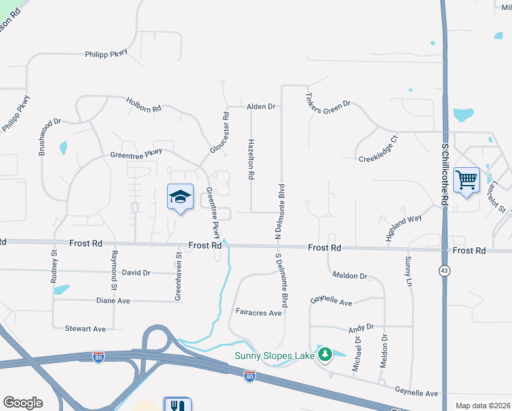 map of restaurants, bars, coffee shops, grocery stores, and more near 10010 Hazelton Road in Streetsboro