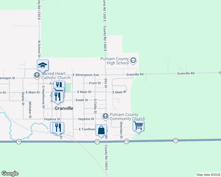 map of restaurants, bars, coffee shops, grocery stores, and more near 100 North Elm Street in Granville