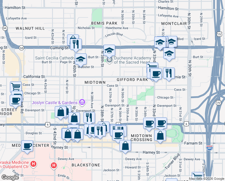 map of restaurants, bars, coffee shops, grocery stores, and more near 350 North 36th Avenue in Omaha