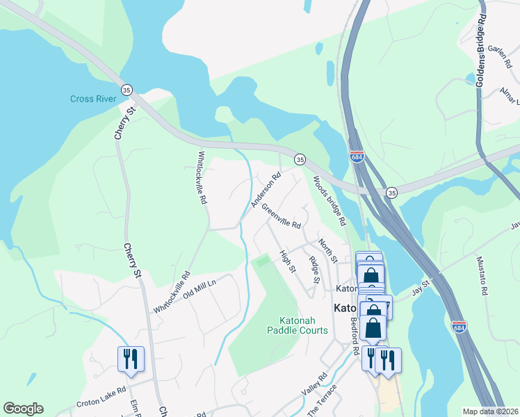 map of restaurants, bars, coffee shops, grocery stores, and more near 80 Greenville Road in Katonah