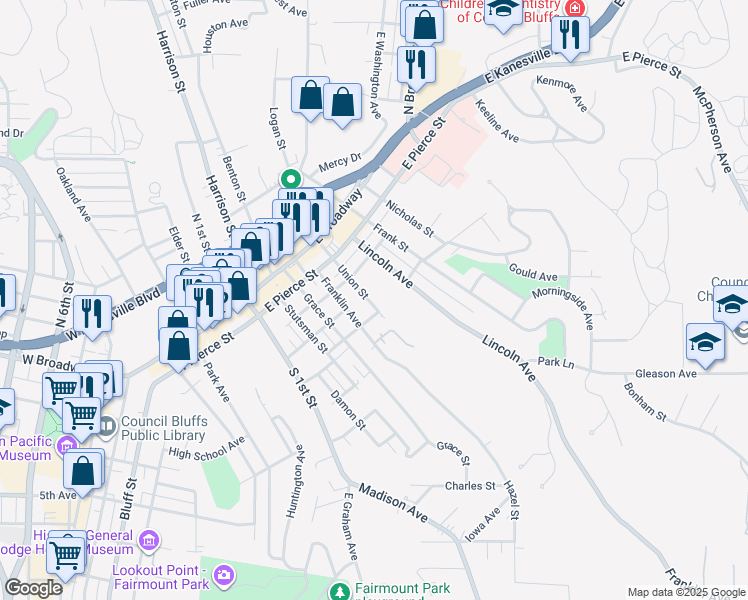 map of restaurants, bars, coffee shops, grocery stores, and more near 309 Union Street in Council Bluffs
