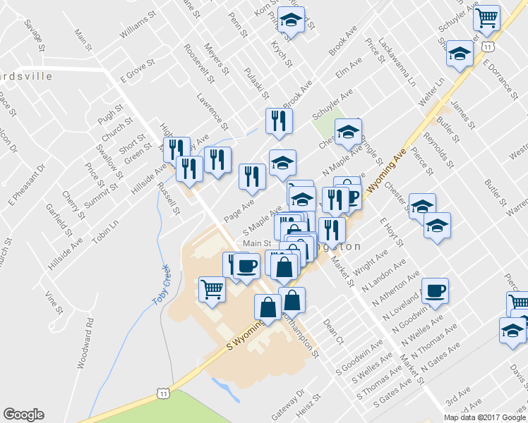 map of restaurants, bars, coffee shops, grocery stores, and more near 168 South Maple Avenue in Kingston