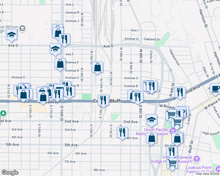 map of restaurants, bars, coffee shops, grocery stores, and more near 1103 Avenue B in Council Bluffs