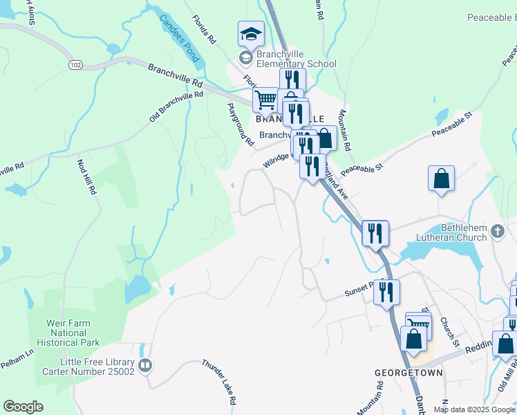 map of restaurants, bars, coffee shops, grocery stores, and more near 12 Mallory Hill Rd in Ridgefield